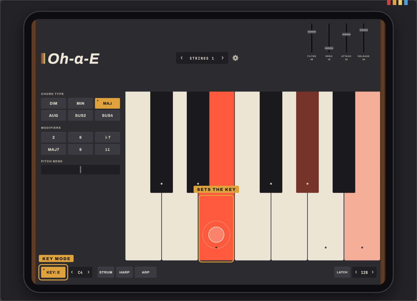 Oh-a-Chord the moment Key Mode sets the key. KEY was armed, and the finger pressing E makes E the key: the KEY button is lit and reads KEY: E, dots mark the E major scale including the black keys, and the E major chord sounds.