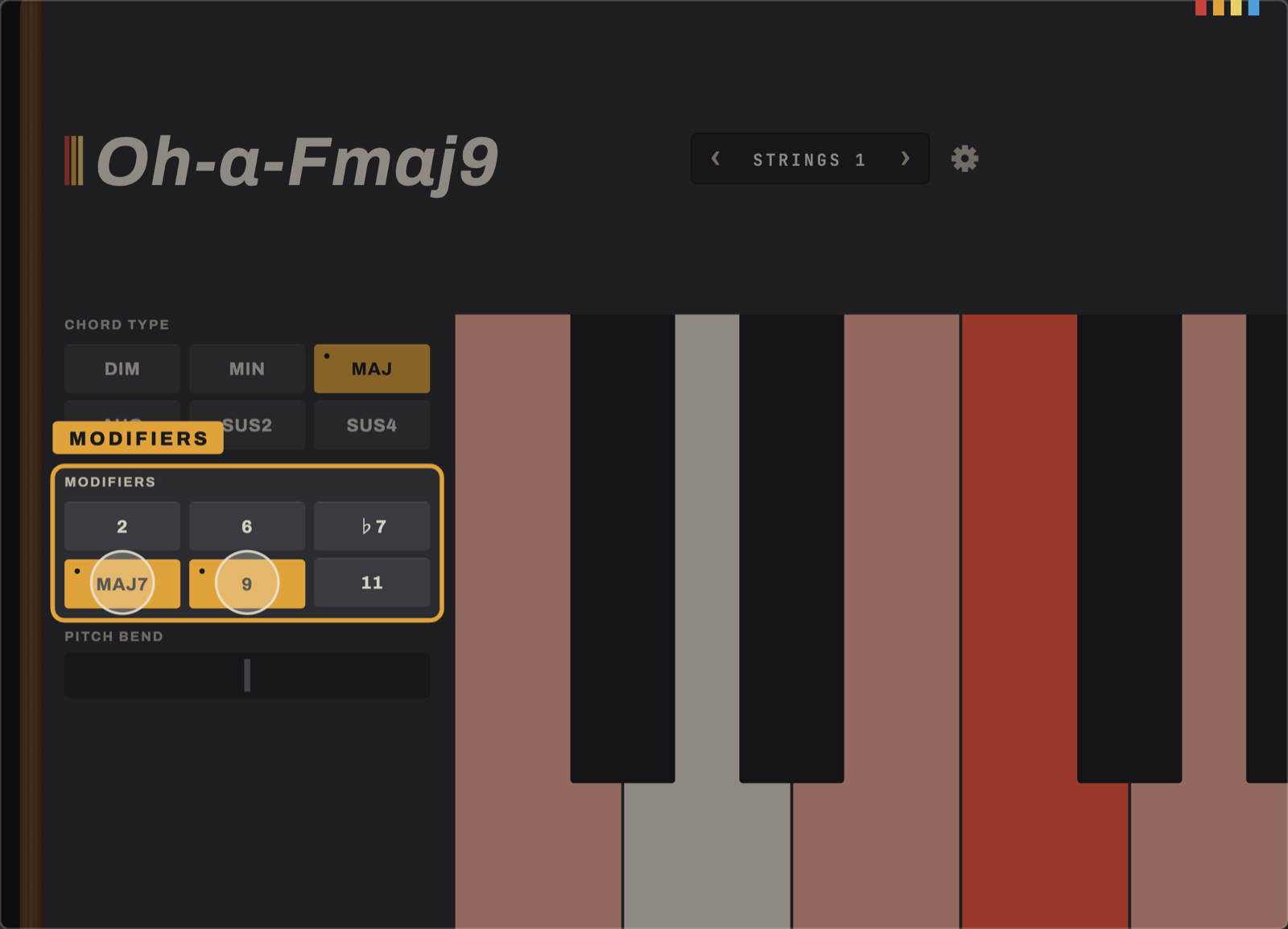Oh-a-Chord with MAJ selected and the MAJ7 and 9 modifiers held under two fingers. The readout says Oh-a-Fmaj9 and the chord's notes are lit on the keyboard.